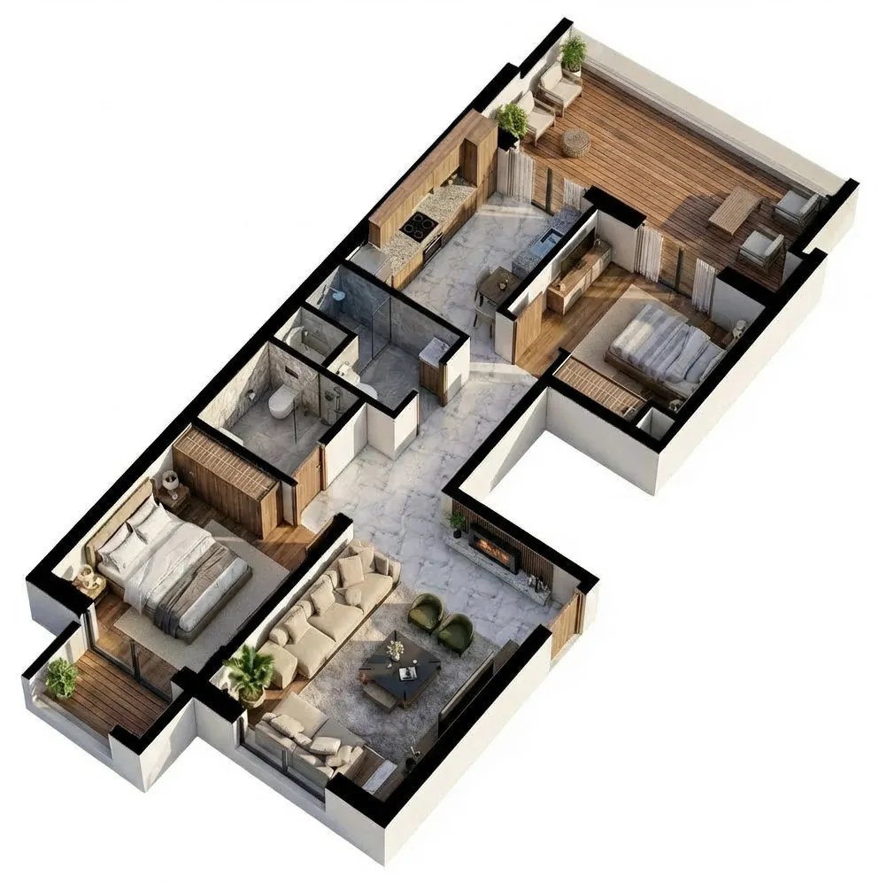 Vue 3D de l'appartement F3 de 85,00 m², îlot 1, 4e étage