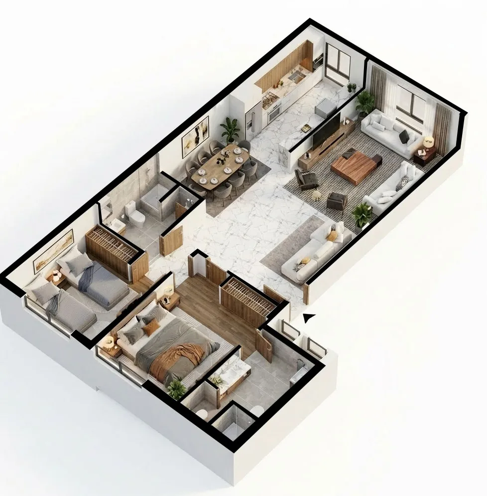 Vue 3D de l'appartement F3 de 91,21 m², îlot 2, 1er au 4e étage