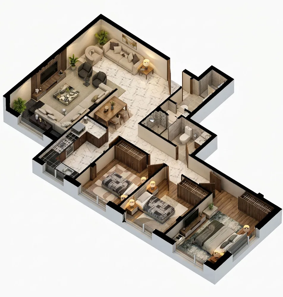 Vue 3D de l'appartement F4 de 102,32 m², îlot 2, 1er au 4e étage