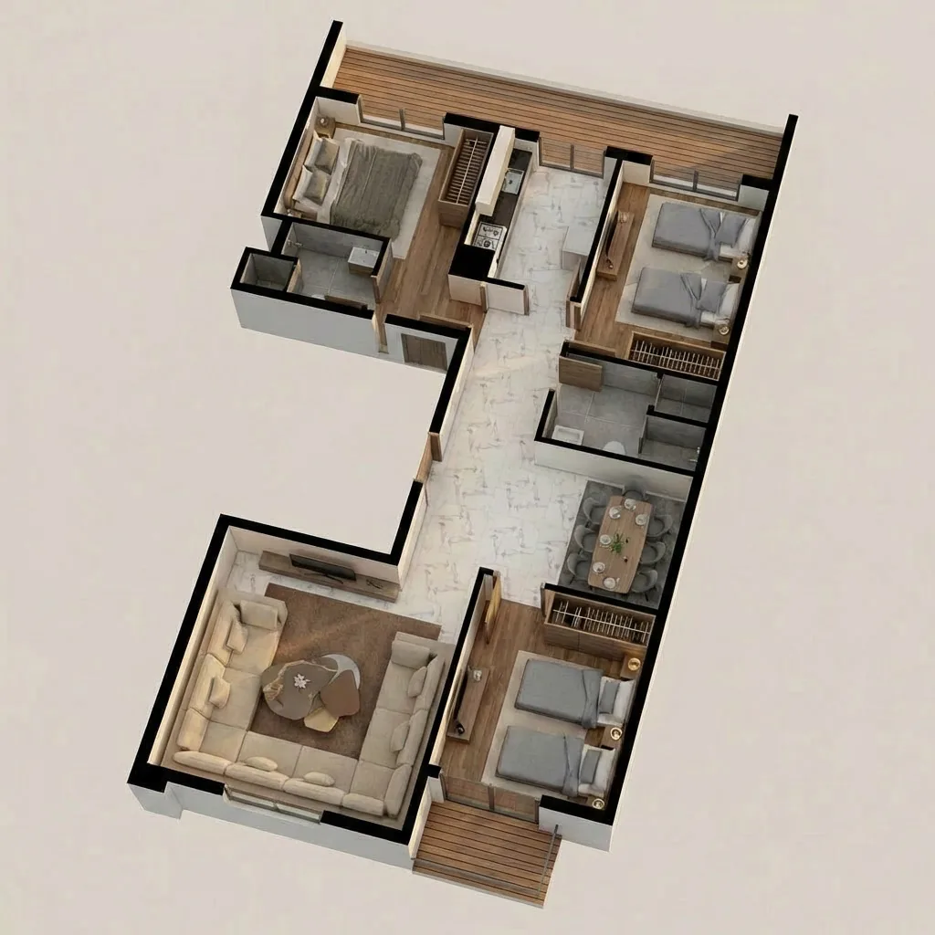 Vue 3D de l'appartement F4 de 107,21 m², îlot 1, 3e étage