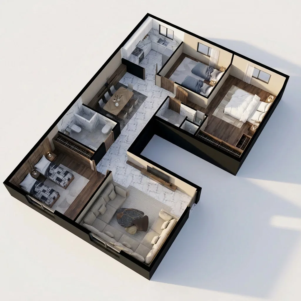 Vue 3D de l'appartement F4 de 121,60 m², îlot 1, rez-de-chaussée